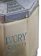 original and intact c. 1920's multi-faceted frosted glass "ivory soap" salvaged chicago wall-mount soap dispenser with intact plunger and mounting bracket