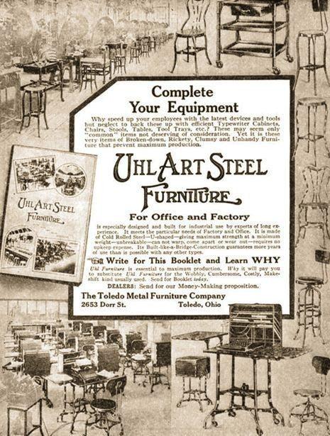 refinished highly desirable antique american industrial "uhl art steel" adjustable height toledo stool with unusually large solid steel heel ring or footrest