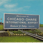 single-sided vintage industrial chicago o'hare international airport informational die cut aluminum graphic sign with holes for sign post