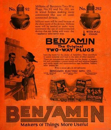 set of original early american industrial electric double lamp patented "benjamin" socket clusters with standard edison screw base plugs