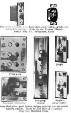 c. 1900's original antique american flush mount electric push button wall switch with oxidized copper-plated brass backplate