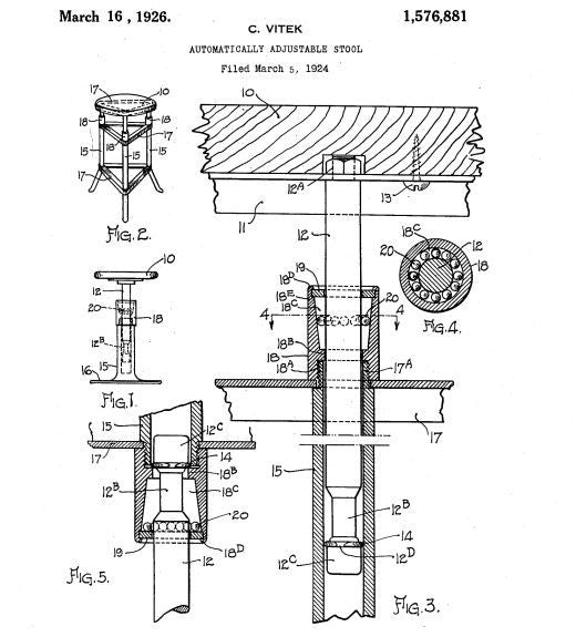 refinished c. 1930's original american antique industrial three-legged charles vitek-designed "rite-hite" adjustable stool with a tubular metal base and maple wood seat