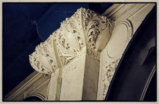 exceptionally rare and historically important early 20th century completely intact michael reese hospital lobby cast plaster "gardenesque" pilaster capital with abundant leafage