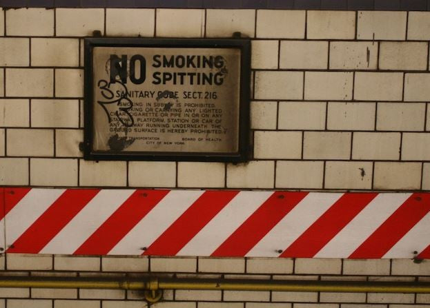 c. 1930's original american industrial single-sided heavy gauge steel black and white porcelain enameled "no smoking" new york city subway sign