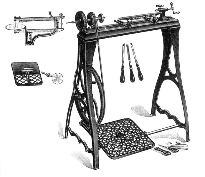 matching set of original c. 1880's american industrial fanciful "companion" treadle lathe and saw cast iron bases with uniform brushed metal finish