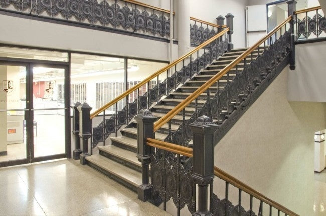 two original and intact late 19th century salvaged chicago william le baron jenney-designed leiter ii building interior staircase baluster panels with bower-barff finish
