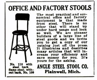 late 1930's vintage american industrial adjustable height heavy gauge steel riveted joint four-legged stationary stool with a slightly contoured backrest