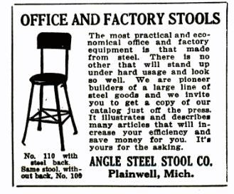 fully adjustable c. 1920's american industrial four-legged angled steel factory work stool with original dark green baked enameled finish