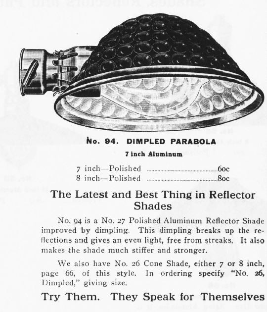 seldom found early 20th century vibrant green enameled faries no. 94 "dimpled" style parabolic-shaped stamped aluminum task lamp reflector or shade with patented socket fitter