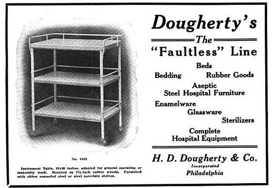 c. 1920's antique american medical oversized two-tier mobile pressed and folded steel cook county hospital operating room supply cart with bassick wheels