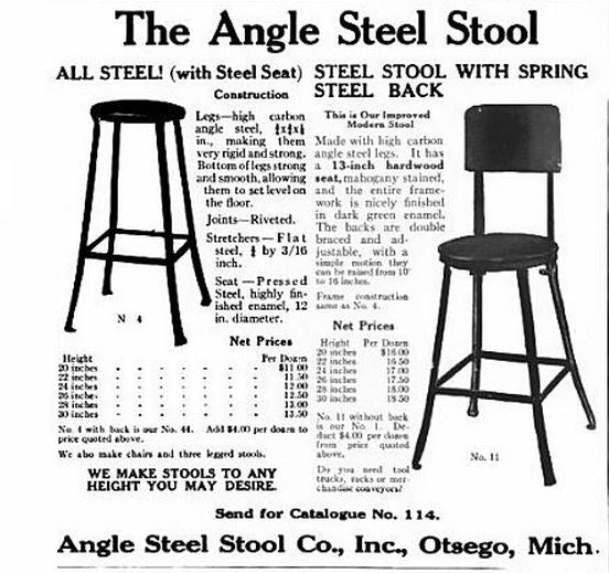 original highly desirable early 1920's adjustable height four-legged riveted-joint steel stationary factory machinist stool with original solid oak wood revolving seat