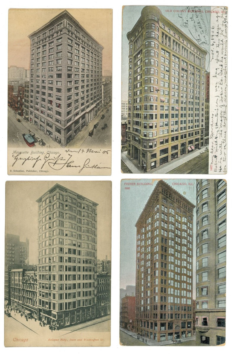 group of four early 20th century antique postcards of downtown chicago school buildings