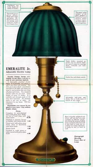 original and fully functional diminutive early 20th century factory office "emeralite jr." articulating desk lamp with striking emerald green cased glass shade