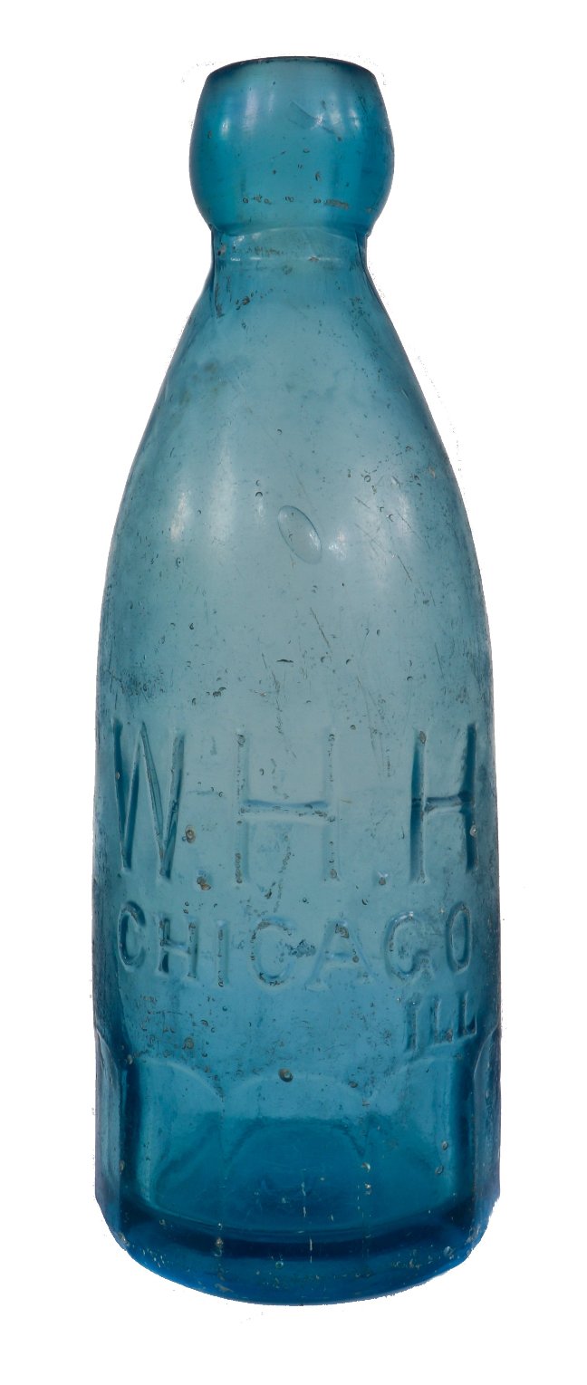 late 1860's or early 1870's antique american intact chicago privy dug light cobalt blue mug base soda or mineral water bottle embossed "w.h.h."/ "chicago ill"
