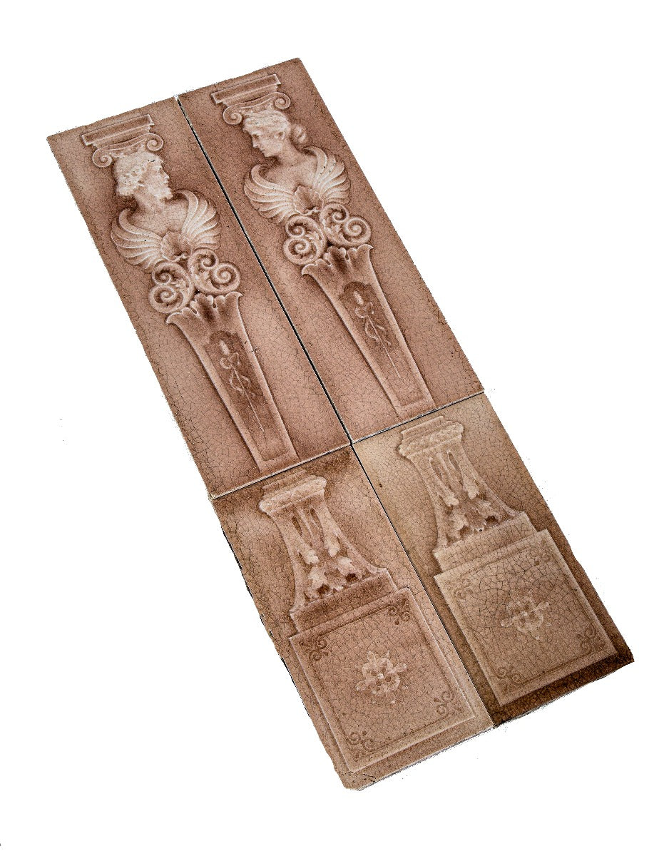 matching set of rare 19th century neoclassical style 30 x 6 inch victorian-era figural tiles by american encaustic tile company
