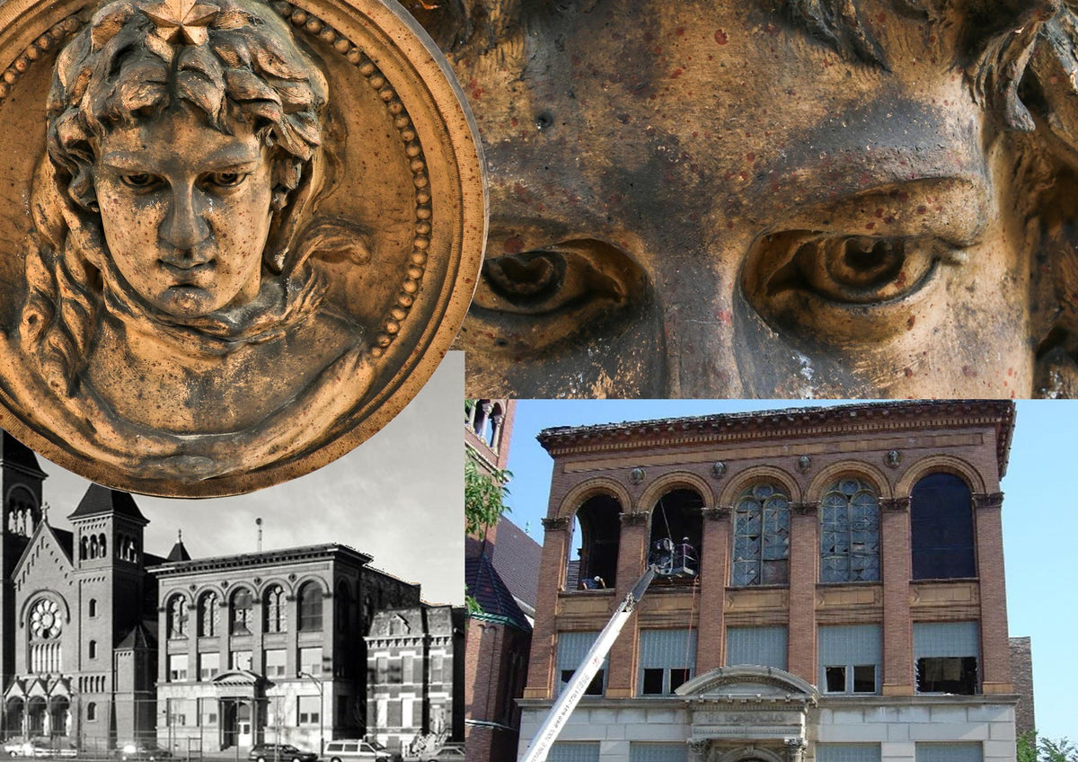 rare museum-quality largely intact st. boniface school exterior pilaster capital speckled terra cotta figural cherub with wings