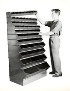 set of three c. 1930's american vintage industrial reinforced multi-unit stackable "small parts" nesting bins with original army green baked enameled finish