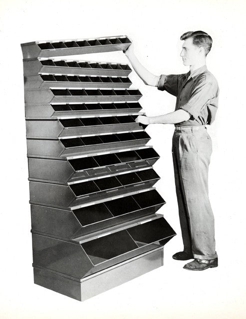 vintage american industrial custom-built compartmentalized "nesting bin" repurposed display rack with newly added pine wood uprights