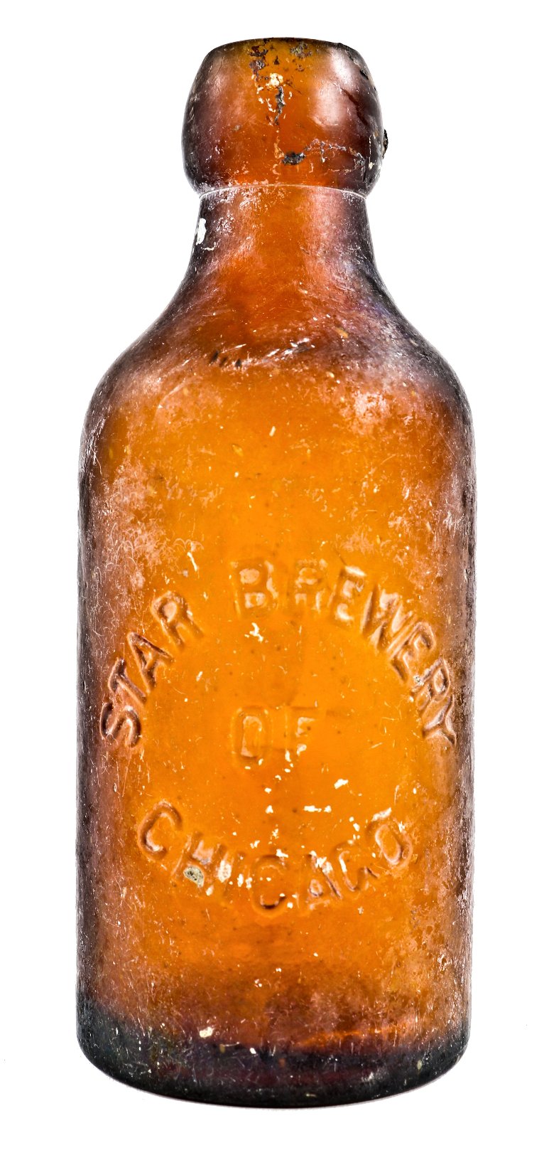 rare and all original american antique late nineteenth century medium amber glass pony style squat blobtop beer bottle fabricated for star brewery of chicago, il.