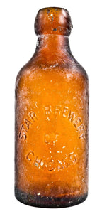 rare and all original american antique late nineteenth century medium amber glass pony style squat blobtop beer bottle fabricated for star brewery of chicago, il.
