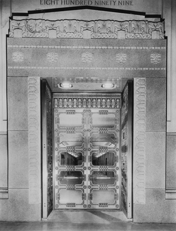 original late 1920's american art deco style cast bronze los angeles stock exchange building interior elevator car push button backplate