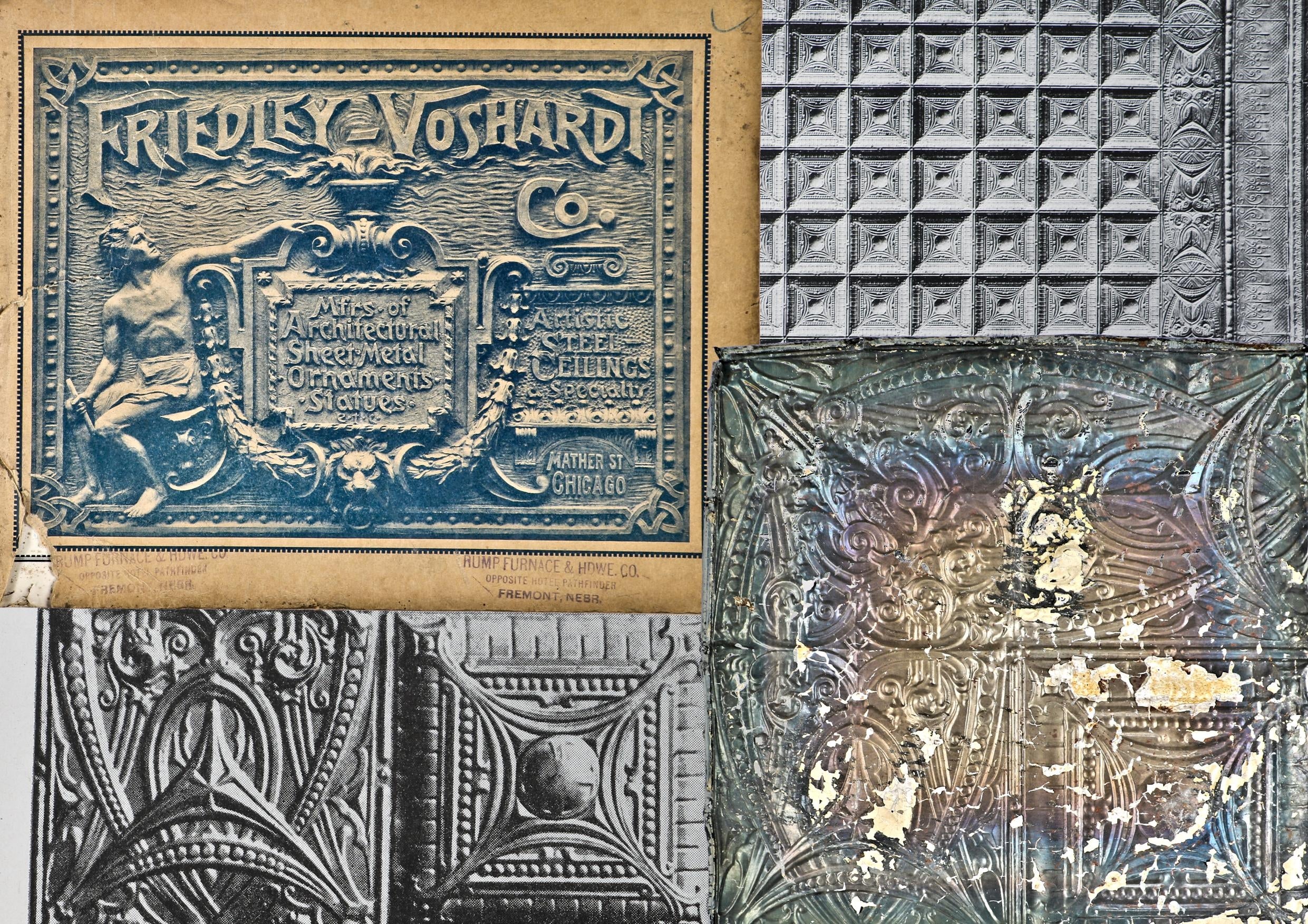 diminutive original single-sided stamped ornamental "sullivanesque" steel salvaged chicago tin ceiling panel with nicely aged surface patina