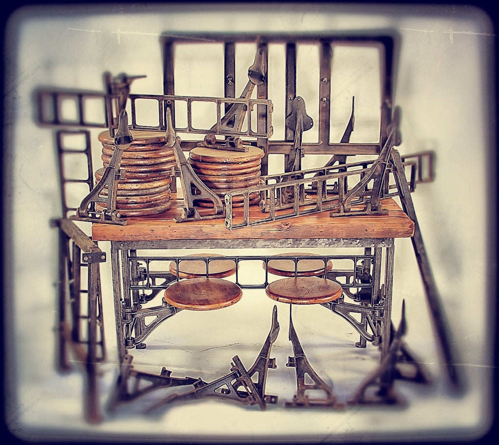 two of two original early 1920's american industrial refinished cast iron swing-out seat factory lunch table with maple wood seats