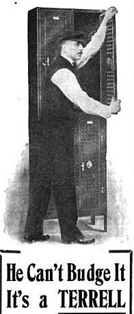 amply ventilated c. 1911 original and hard to find heavy gauge steel three-unit freestanding factory locker with fully functional cast iron handles