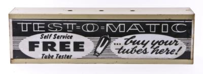 original and remarkably hard to find c. 1940's original illuminated test-o-matic radio tube tester can sign
