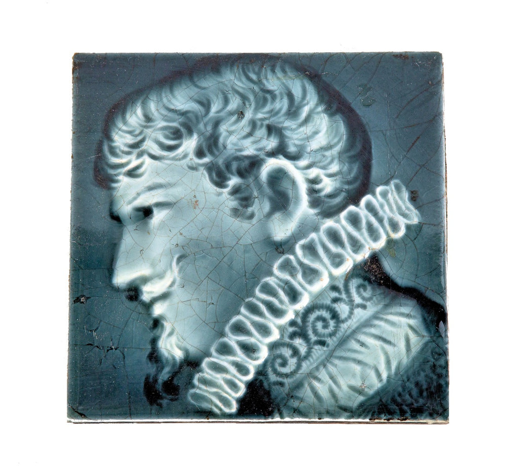original isaac broome-designed 19th century blue-gray majolica-glazed victorian shakespearean fireplace corner tile