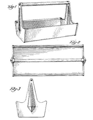 c. 1950's vintage american industrial folded and pressed brushed metal steel "tote tray" with long cylindrical wood carrying handle