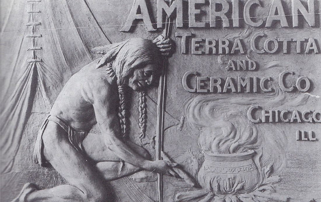 Unique polychromed slip glaze oversized exterior chicago commercial building "sullivanesque" terra cotta cartouche