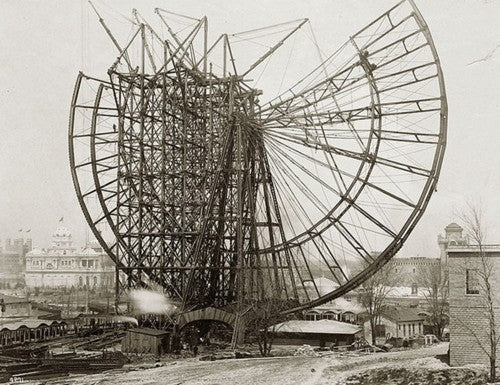 single-sided exceptionally rare 19th century elongated oval-shaped cast iron and pine wood world's columbian exposition ferris wheel mobile construction office "foreman" sign