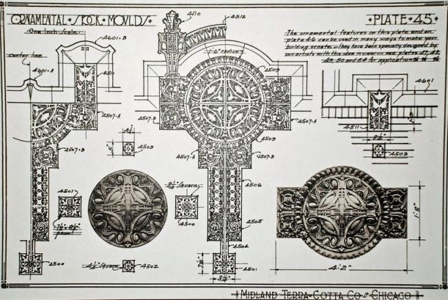 one of several matching all original and intact white glazed sullivanesque "stock" terra cotta panels salvaged from the facade of a chicago automotive garage