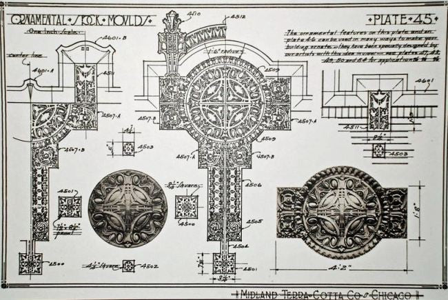 pair of all original and intact c. 1920's antique american diminutive exterior white glazed terra cotta "sullivanesque" style chicago facade blocks