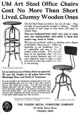 highly sought after early 20th century antique american industrial model "no. 621" pressed and formed double-spider toledo uhl art steel machine shop revolving stool