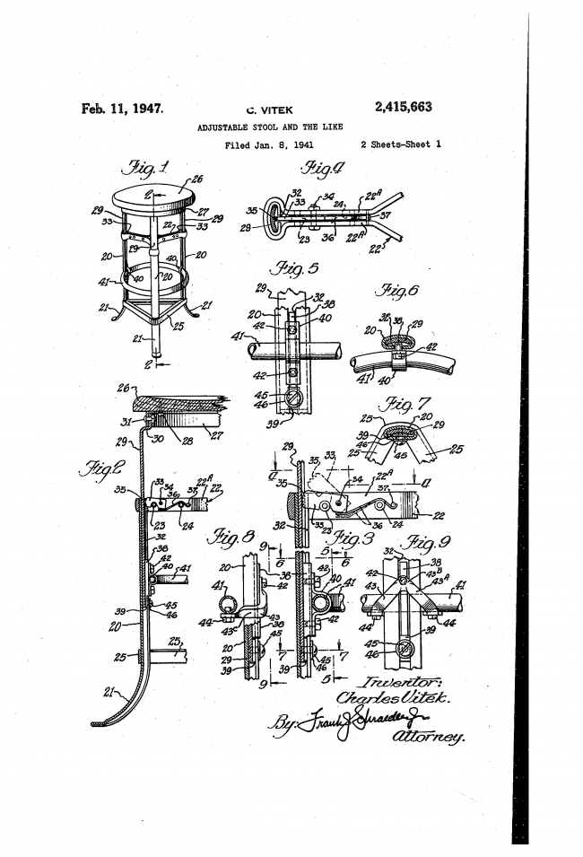 refinished c. 1930's original american antique industrial three-legged charles vitek-designed "rite-hite" adjustable stool with a tubular metal base and maple wood seat