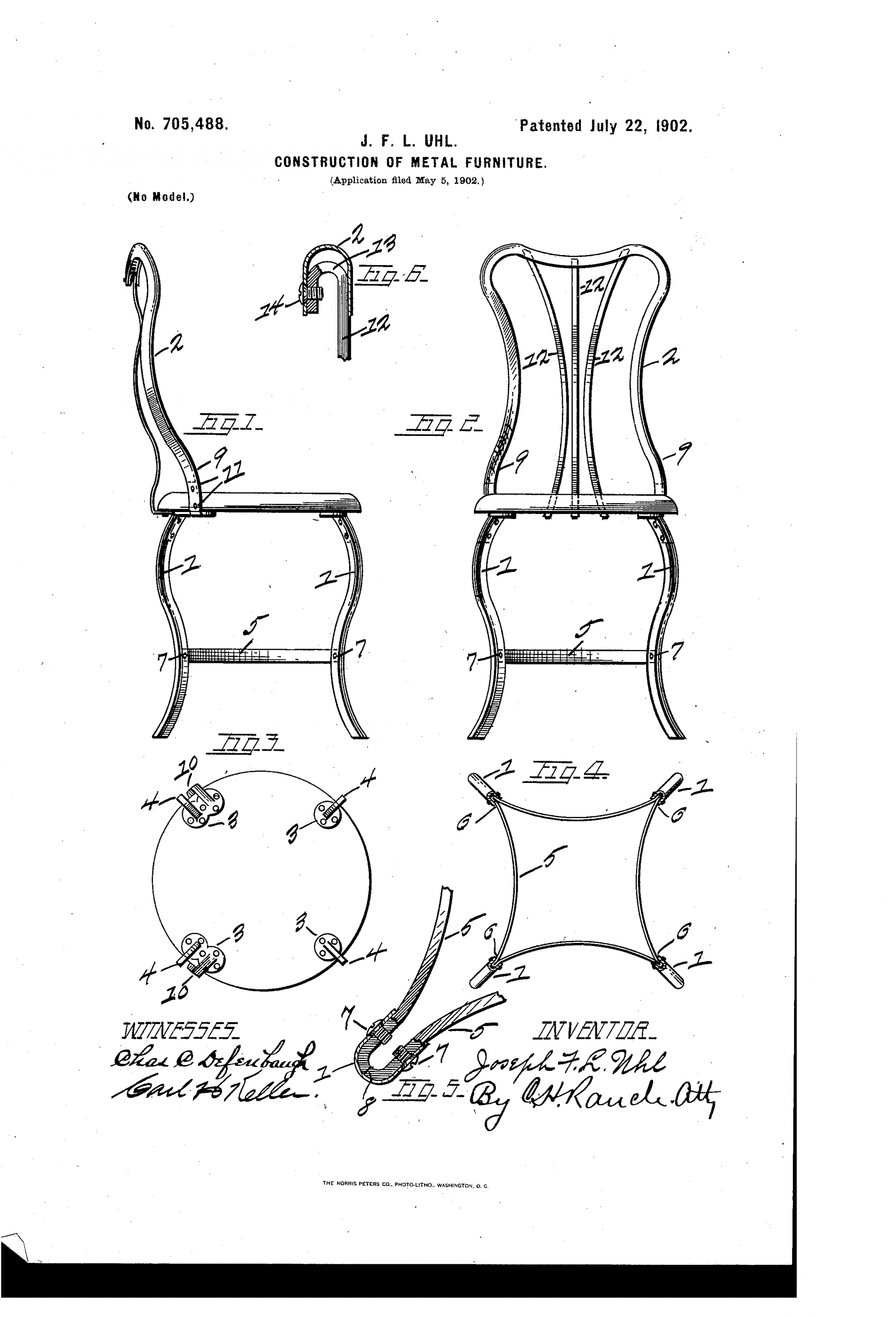 very rare 1903 joseph uhl-designed pressed and folded steel "uhl brothers" soda parlor chairs with original stenciled stamp
