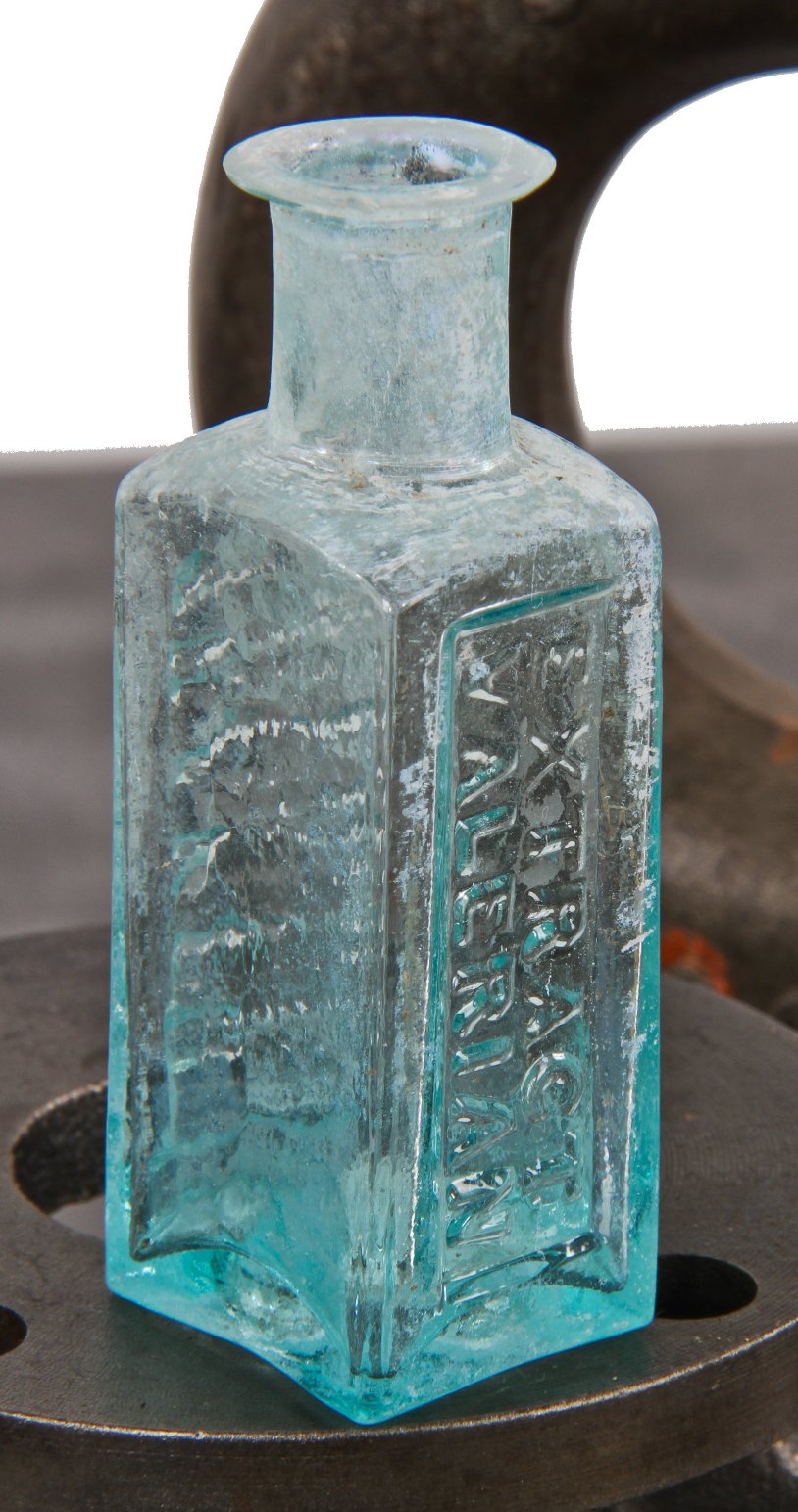 rare and all original c. 1845-1855 open pontiled blue aqua glass medicine jar manufactured for edward brinley & co., of boston to distribute dr. brown's shaker fluid valerian extract