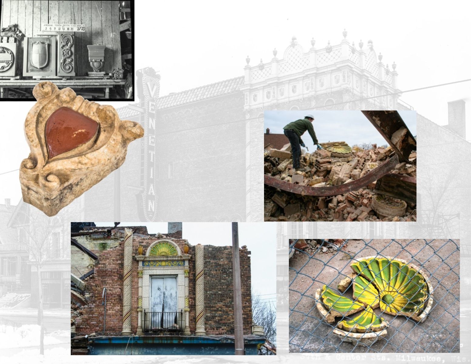 brightly colored green and yellow-glazed 1927 milwaukee venetian theater exterior roofline terra cotta finial pot