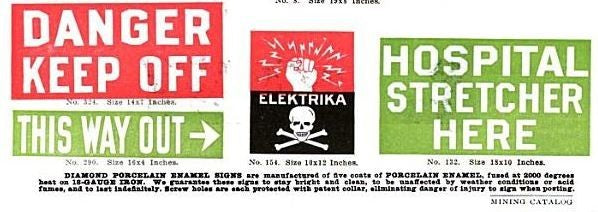 hard to find c. 1940's original and vibrantly colored single-sided stamped steel "low voltage" cautionary or danger sign with skull & crossbones