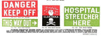 hard to find late 1940's american industrial factory "low voltage" baked enameled steel sign with skull and crossbones