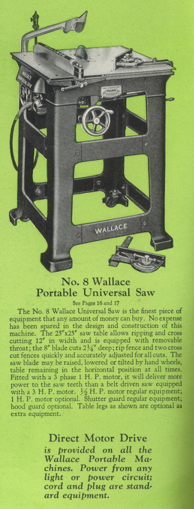 original c. 1917-18 antique american industrial seldom found refinished cast iron "universal" wallace table saw base with detachable top and original manually adjusted spoked wheels