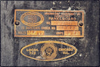 four original turn of the century american industrial beveled edge copper "equalizer" switchboard identification plaques with black enameled inlay