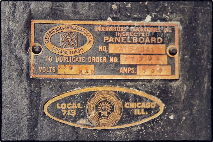 four original turn of the century american industrial beveled edge copper "equalizer" switchboard identification plaques with black enameled inlay