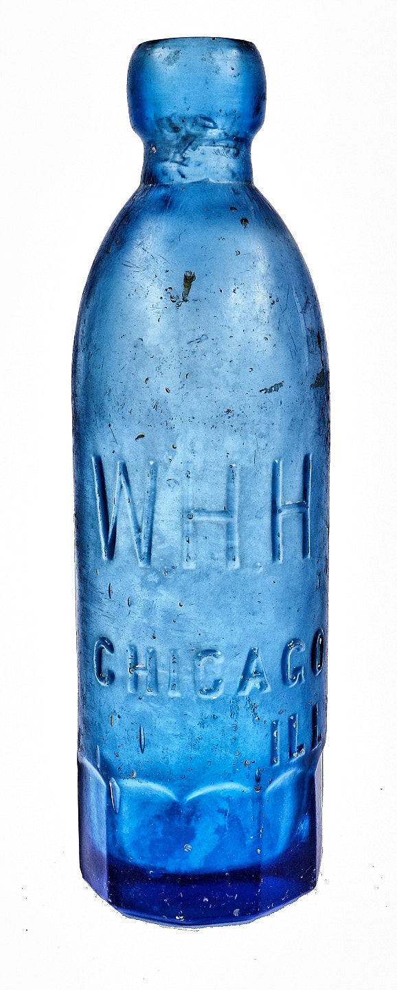 original late 1860's or early 1870's privy dug cobalt blue glass w.h.h. "blob top' soda or mineral water bottle fabricated by the wiliam mccully glass works of pittsburgh, pa.