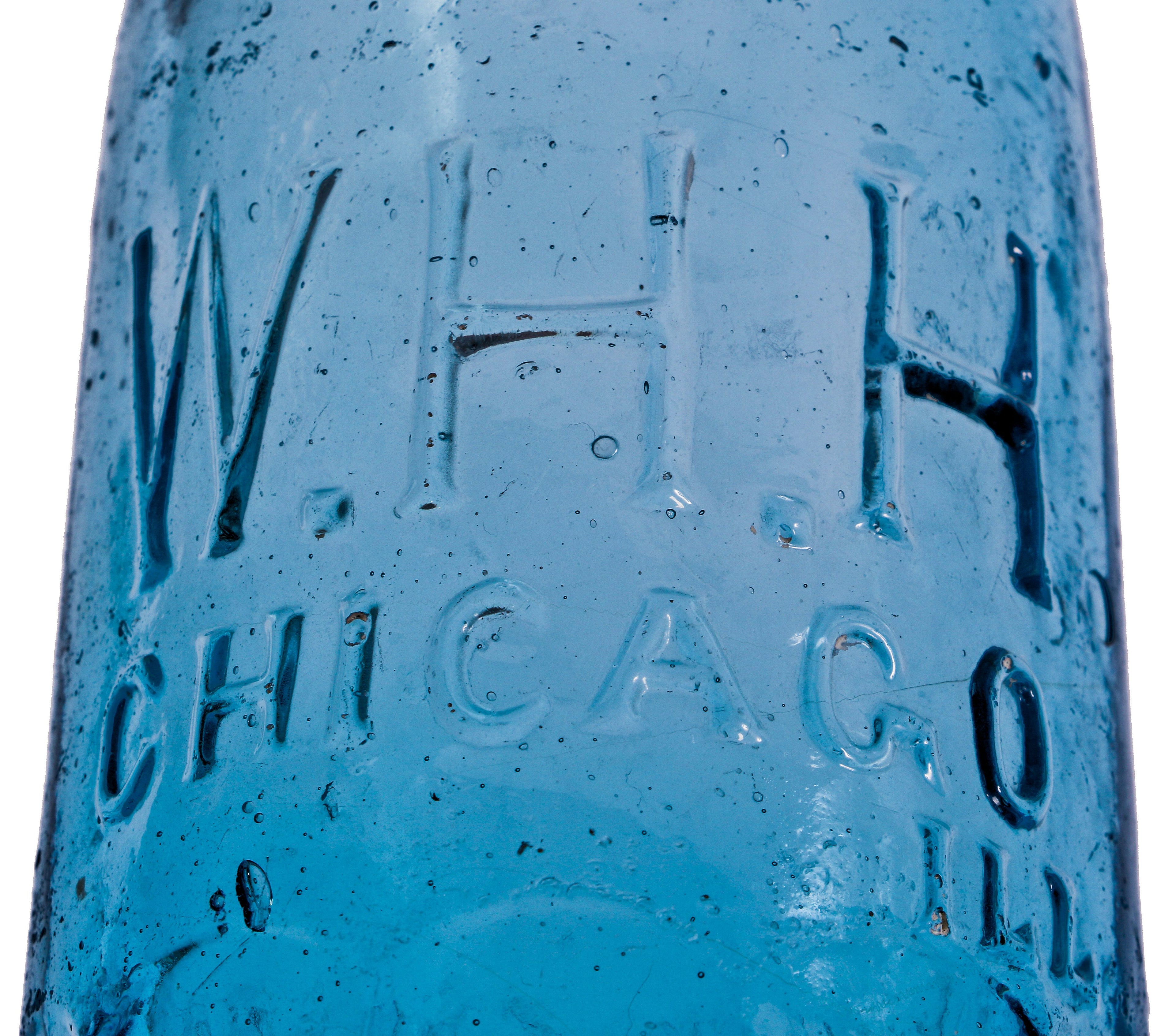 original late 1860's or early 1870's privy dug cobalt blue glass w.h.h. "blob top' soda or mineral water bottle fabricated by the wiliam mccully glass works of pittsburgh, pa.