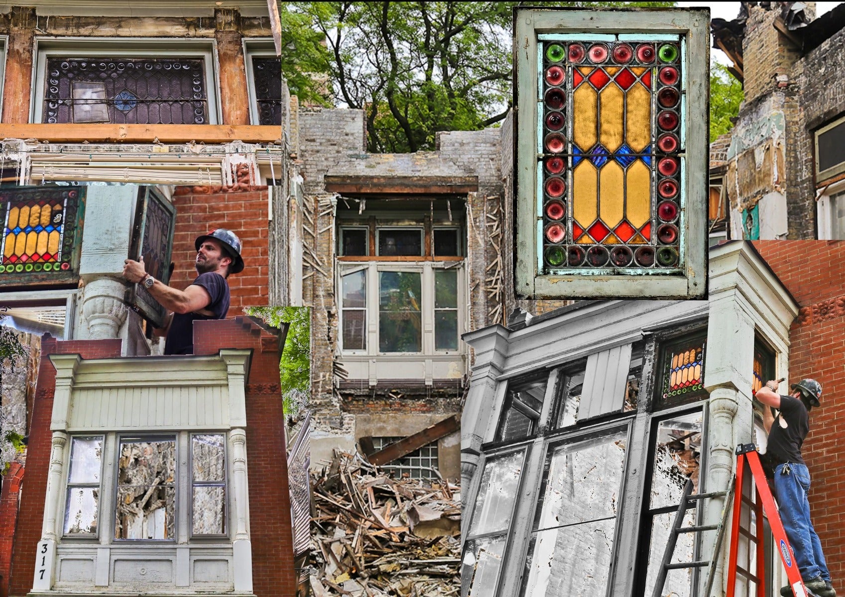 original 1880's largely intact salvaged chicago organ pipe factory stained glass transom window with unusual rondel border
