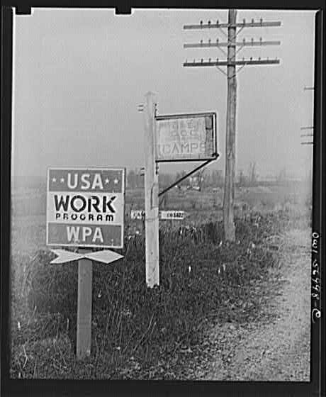 original historically important and highly symbolic c. 1930's american depression era work progress administration jobsite double-sided painted steel sign