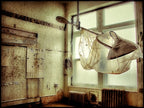 fully functional vintage american medical dual arm hospital operating room ceiling-mount surgical lamp with "stepped" dome-shaped lampheads